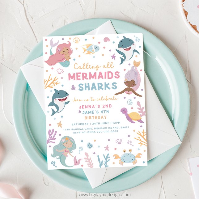 Invitation à l'anniversaire de la Sirène et du req (Mermaid and Shark Birthday Invitation)
