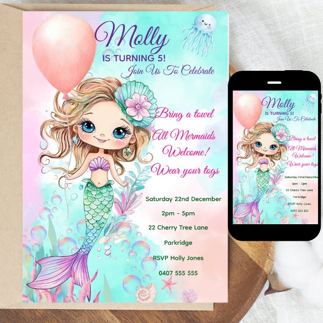 Invitation à l'anniversaire de la Sirène - Personn (Personalized Watercolor Mermaid Birthday Invitation | Editable Text | Digital or Printed | Coloring )