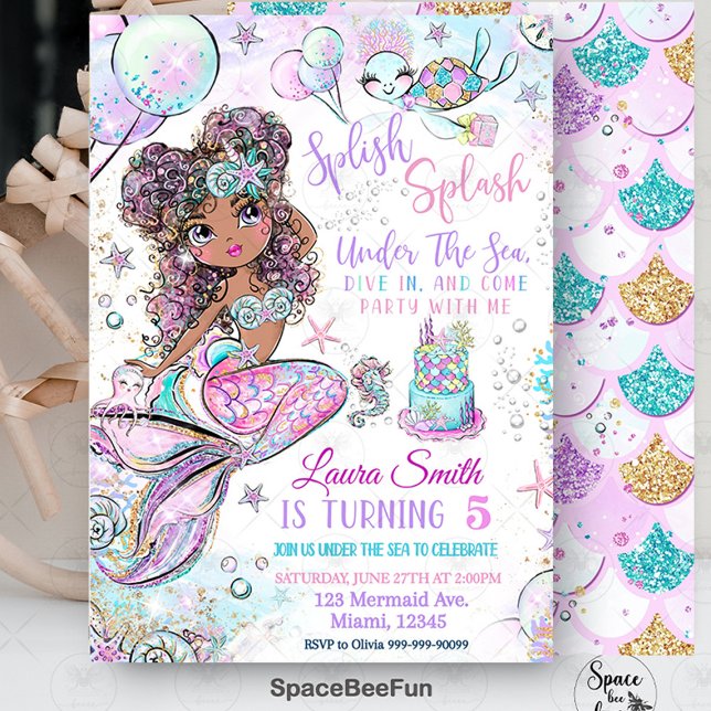 Invitation à l'anniversaire de la Sirène Unicorn S (mermaid invitation birthday,Splish Splash Under The Sea, mermaid and unicorn,birthday invitation,mer)