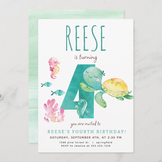 Invitation à l'anniversaire de la Tortue de mer (Devant / Derrière)