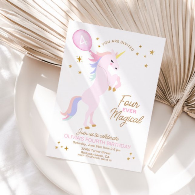 Invitation à l'anniversaire de la Unicorn - QUATRE (Unicorn Birthday Invitation - FOUR EVER MAGICAL)