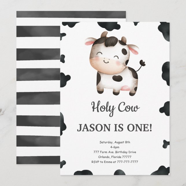 Invitation à l'anniversaire de la vache-garçon mod (Devant / Derrière)