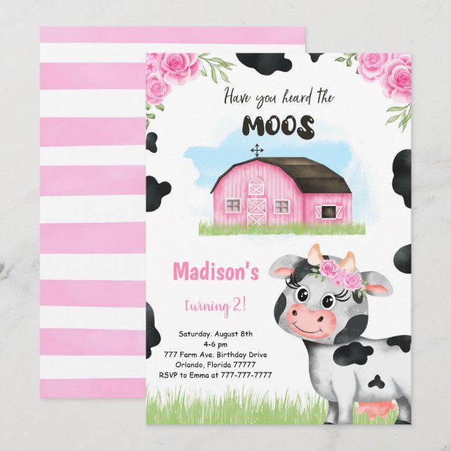 Invitation à l'anniversaire de la Vache mignonne (Devant / Derrière)