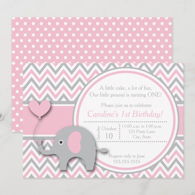 Invitation à l'anniversaire de l'éléphant, rose et (Devant / Derrière)