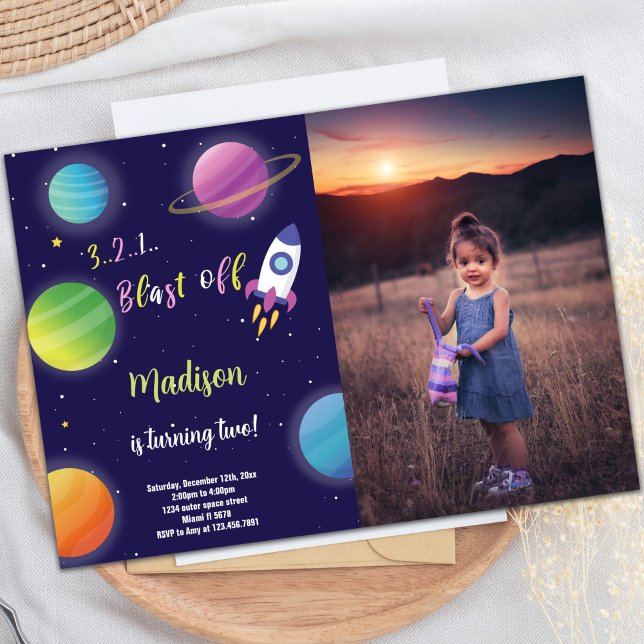 Invitation à l'anniversaire de l'espace extra-atmo (Purple Rocket Outer Space Birthday Invitations pho)