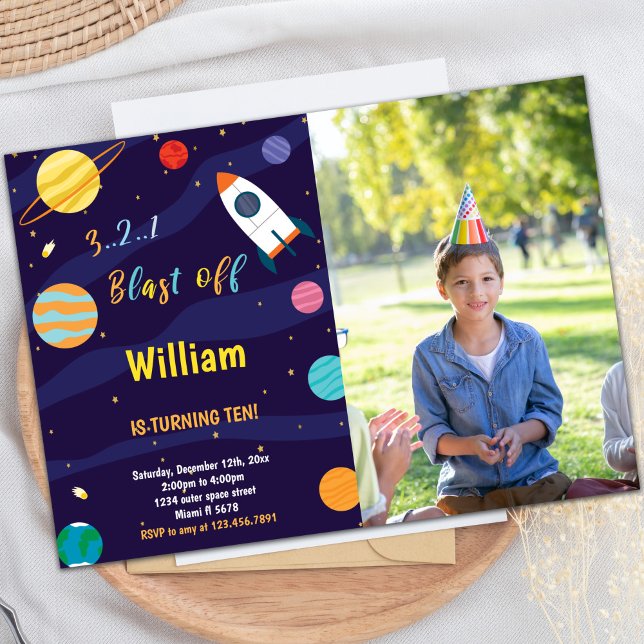 Invitation à l'anniversaire de l'espace extra-atmo (White Rocket Outer Space Birthday Invitations phot)