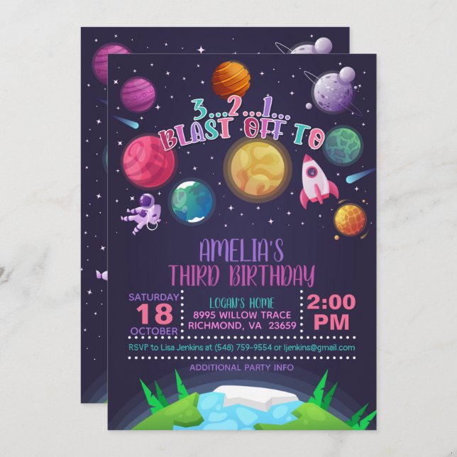Invitation à l'anniversaire de l'espace - Fille -  (Devant / Derrière)