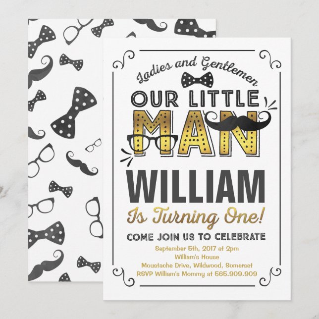 Invitation à l'anniversaire de Little Man Mustache (Devant / Derrière)