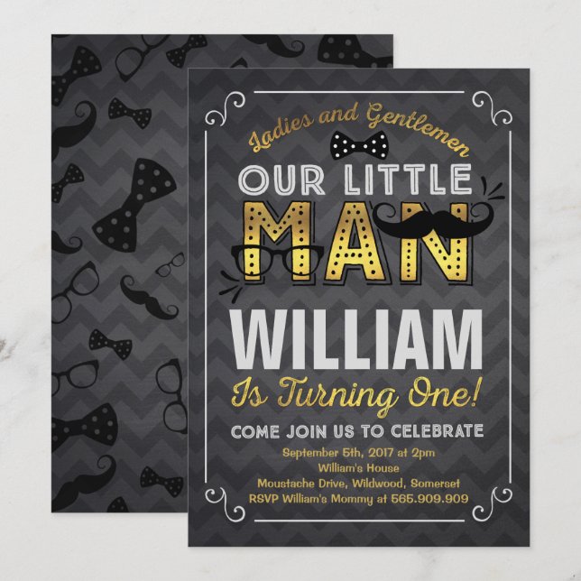 Invitation à l'anniversaire de Little Man Mustache (Devant / Derrière)