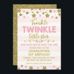 Invitation à l'anniversaire de Little Star<br><div class="desc">Cette mignonne petite invitation à l'anniversaire d'une étoile scintillante convient à un enfant de 1 an mais peut être utilisée pour un autre âge. Le design présente quelques étoiles roses et faux feuilles d'or au sommet et à la base de l'invitation. Le arrière - plan est un motif à rayures...</div>