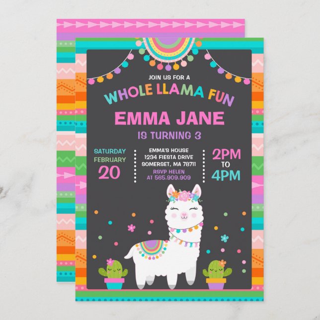 Invitation à l'anniversaire de Llama Fun Party (Devant / Derrière)