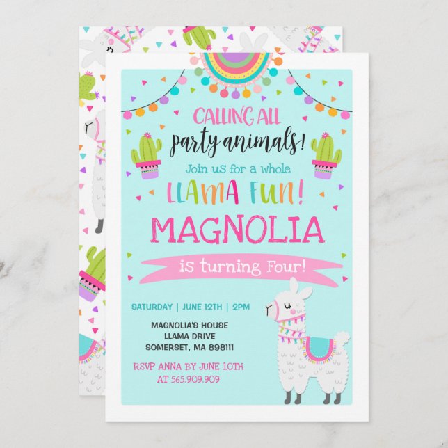 Invitation à l'anniversaire de Llama Fun Party (Devant / Derrière)