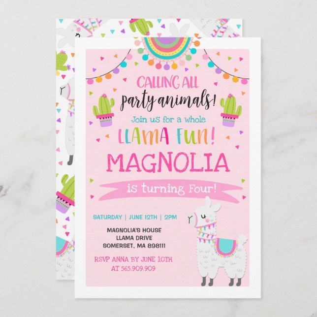 Invitation à l'anniversaire de Llama Fun Party (Devant / Derrière)