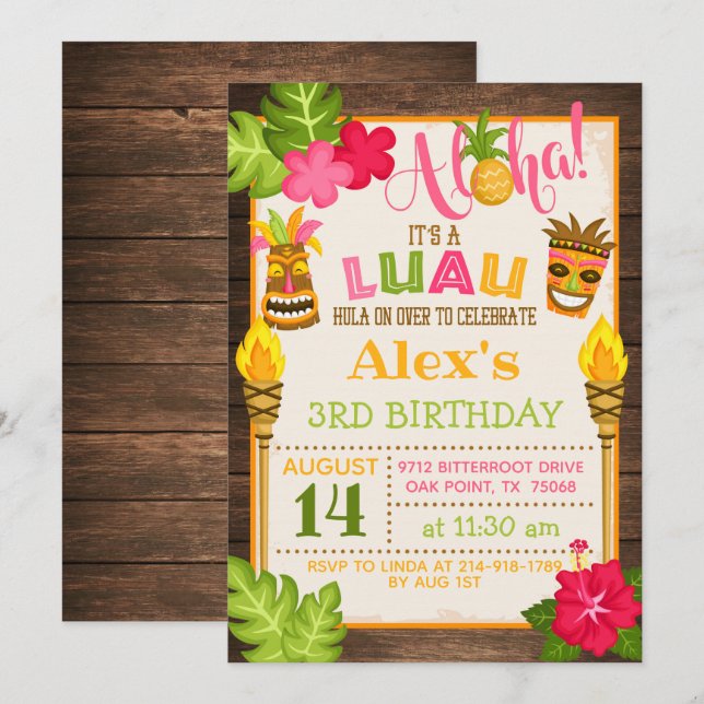 Invitation à l'anniversaire de Luau - Texte orange (Devant / Derrière)