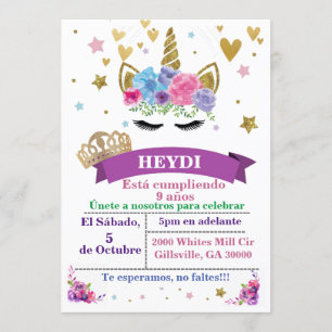 Invitation à l'anniversaire de l'Unicorne espagnol