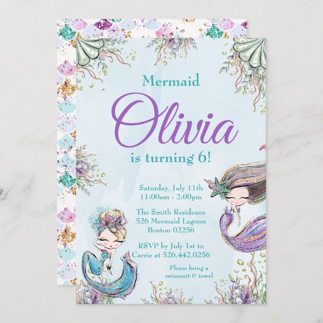 Invitation à l'anniversaire de Mermaid (Devant / Derrière)