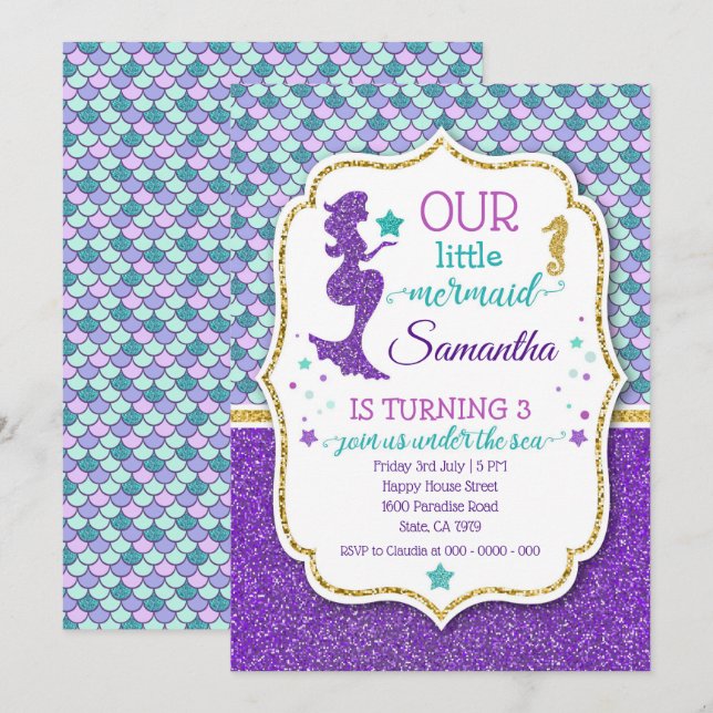 Invitation à l'anniversaire de Mermaid avec effet  (Devant / Derrière)