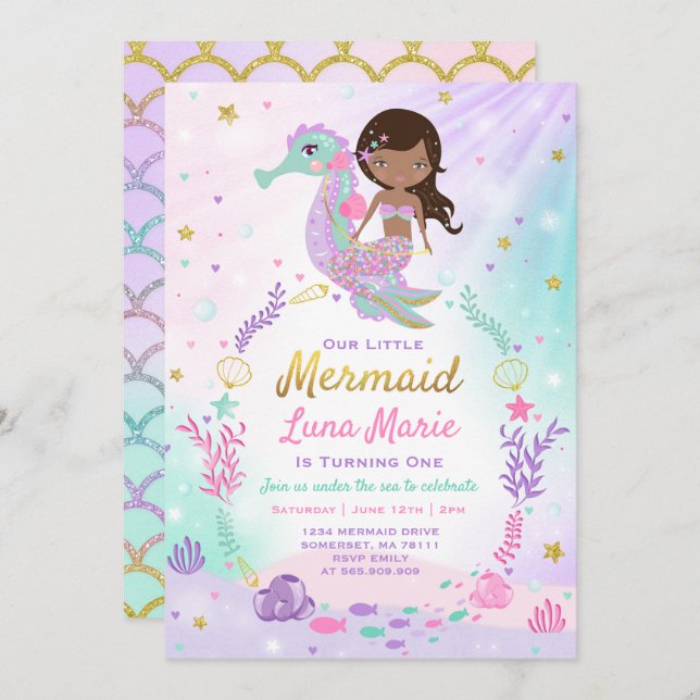 Invitation à l'anniversaire de Mermaid sous le Sea (Devant / Derrière)