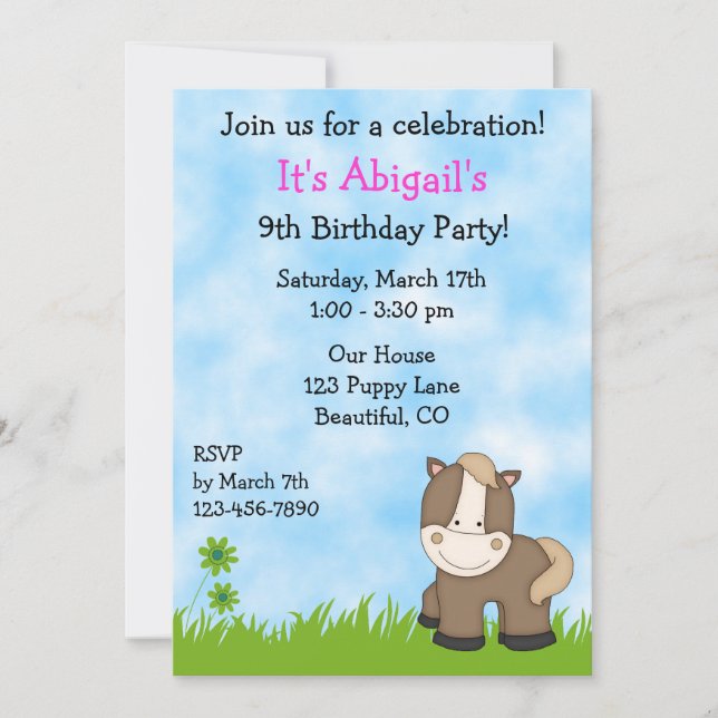 Invitation à l'anniversaire de mignonne Pony pour  (Devant)