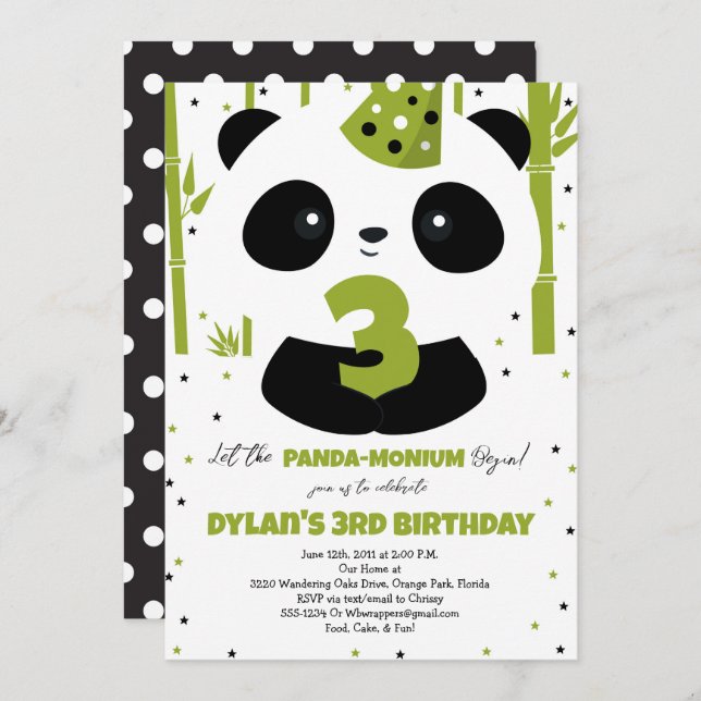 Invitation à l'anniversaire de Panda pour la fête  (Devant / Derrière)