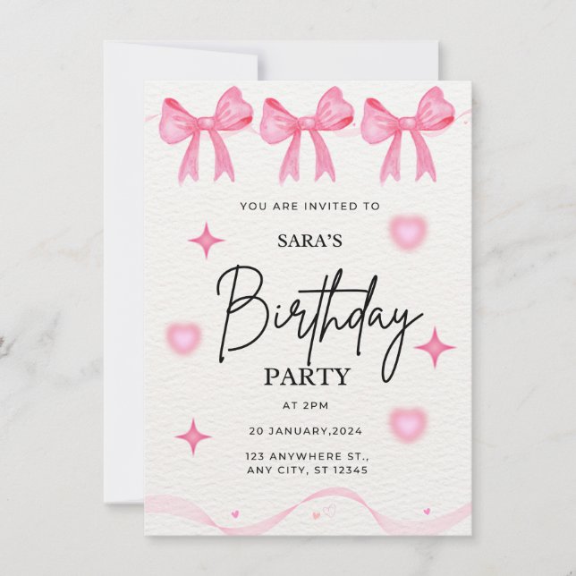 Invitation à l'anniversaire de Pink Bow (Devant)