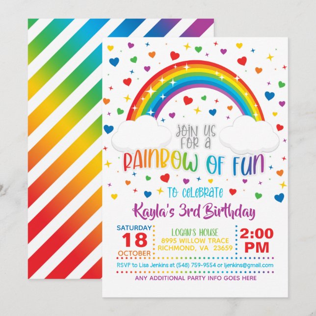 Invitation à l'anniversaire de Rainbow (Devant / Derrière)