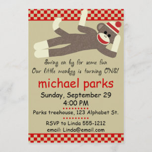 Invitation à l'anniversaire de Sock Monkey personn