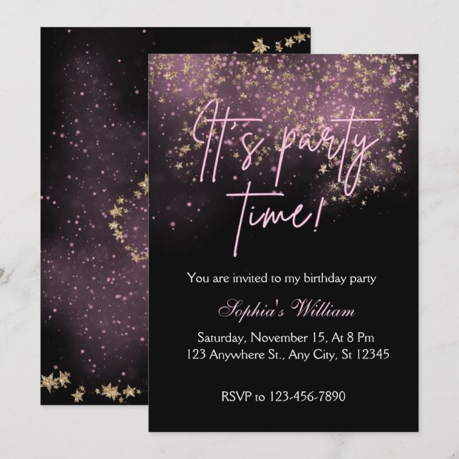 Invitation à l'anniversaire de Sprinkle Pink Stars (Devant / Derrière)