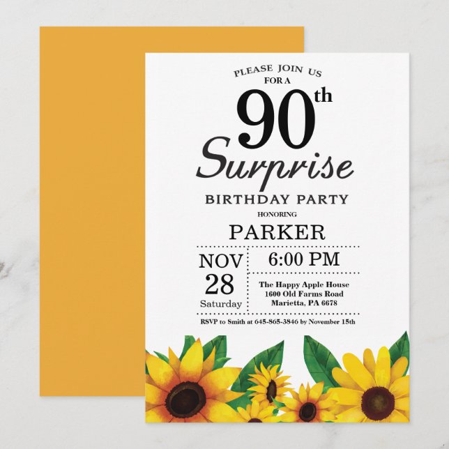 Invitation à l'anniversaire de Sunflower Surprise  (Devant / Derrière)