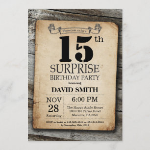 Invitation à l'anniversaire de Surprise Rustic 15t