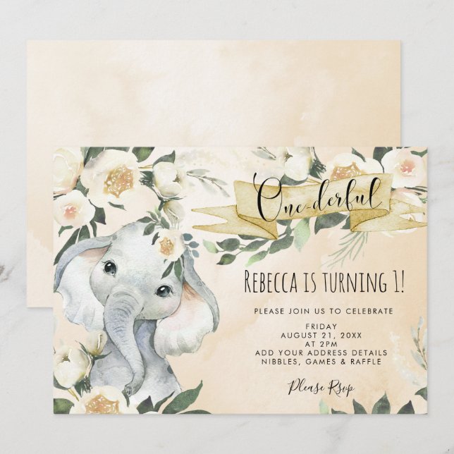 invitation à l'anniversaire d'éléphant fleuri (Devant / Derrière)