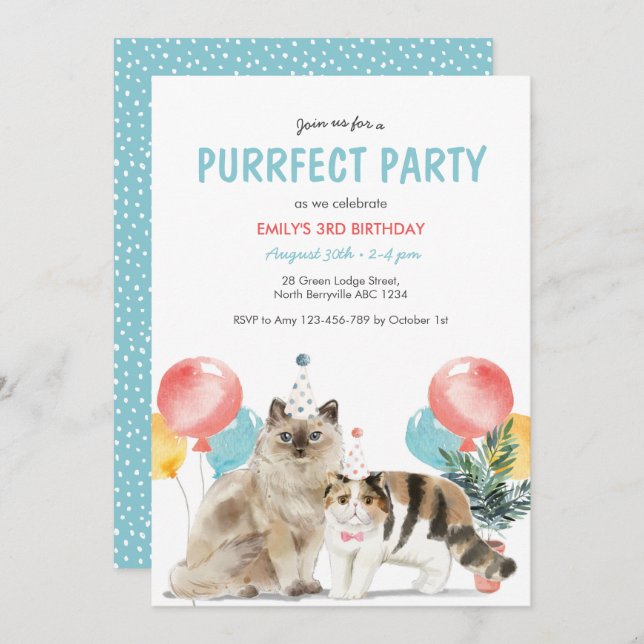 Invitation à l'anniversaire des chats Puurfect (Devant / Derrière)
