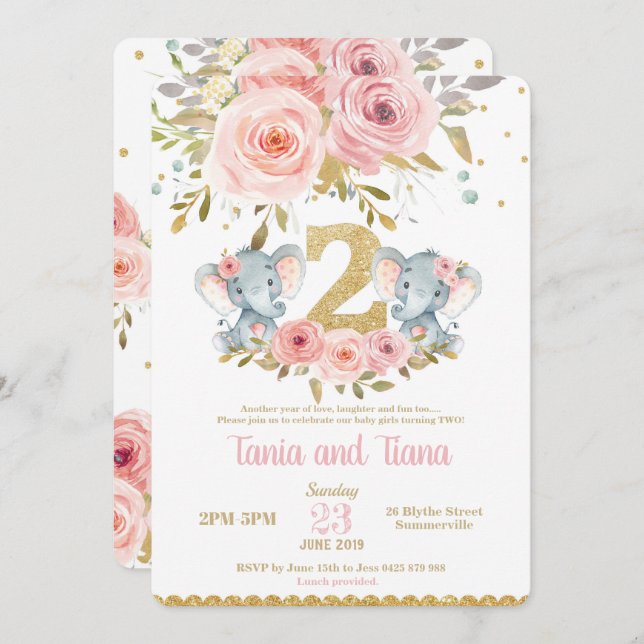 Invitation à l'anniversaire des Eléphants Twin Gir (Devant / Derrière)