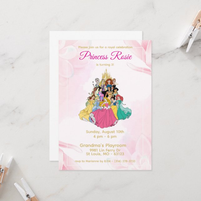 Invitation à l'anniversaire Disney Princess (Devant/Arrière en situation)