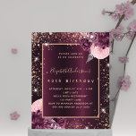 Invitation à l'anniversaire d'or rose de Bourgogne<br><div class="desc">Un arrière - plan bordeaux et profond décoré de fleurs bordeaux et roses,  de fleurs et de faux étincelles. Personnalisez et ajoutez votre nom et les détails de votre fête. Texte de couleur or rose.</div>
