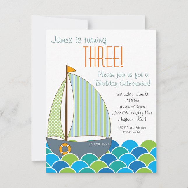 Invitation à l'anniversaire du bateau à voile Cute (Devant)