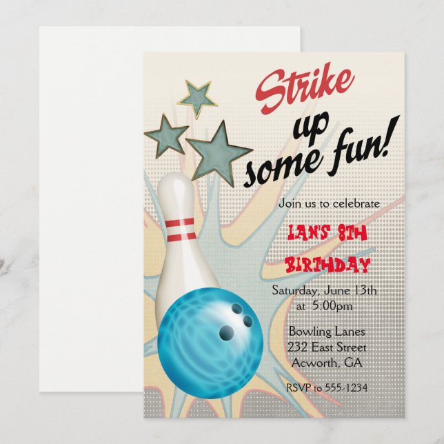 Invitation à l'anniversaire du Bowling Retro (Devant / Derrière)