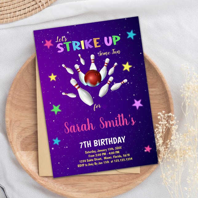 Invitation à l'anniversaire du Bowling violet clai (Light Purple Bowling Birthday Invitations)