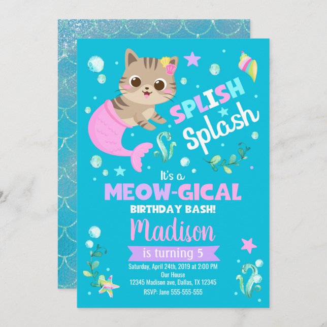 Invitation à l'anniversaire du chat de sirène, fêt (Devant / Derrière)