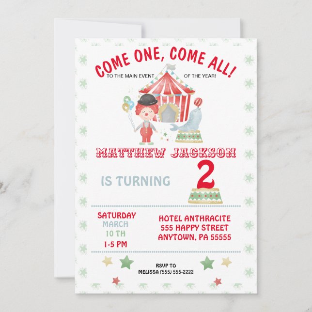 Invitation à l'anniversaire du cirque, venez un, v (Devant)