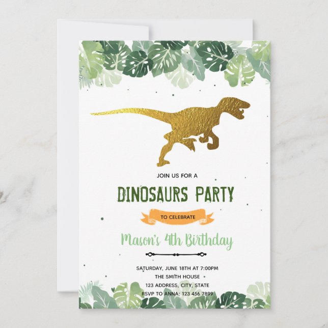 Invitation à l'anniversaire du dinosaure t-rex d'o (Devant)