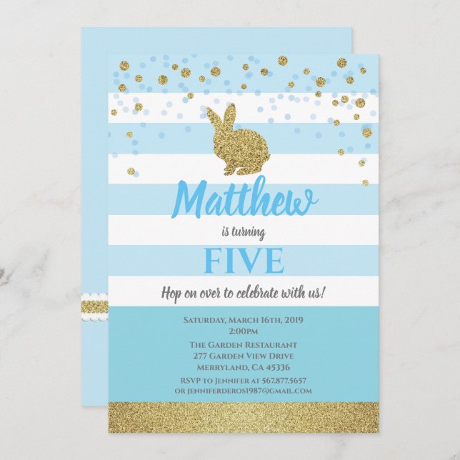 Invitation à l'anniversaire du garçon Bunny bleu (Devant / Derrière)