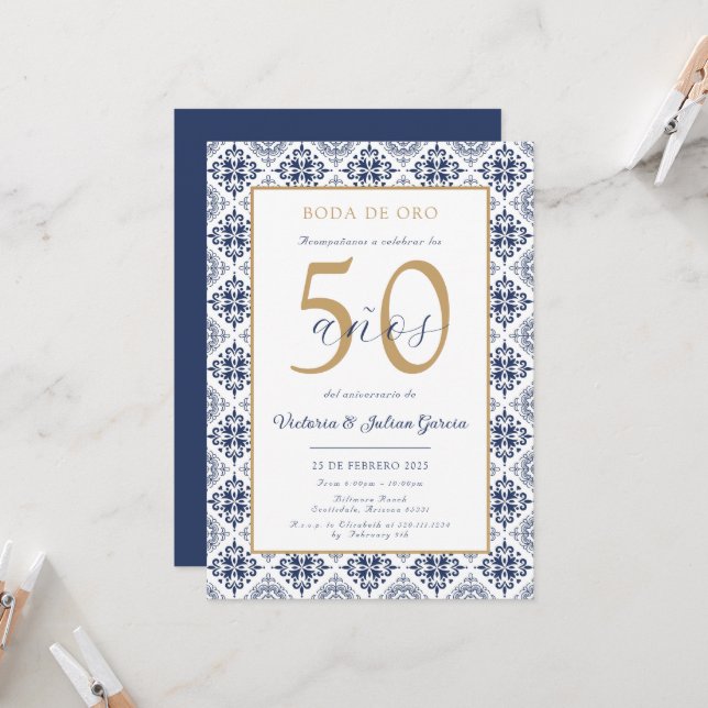 Invitation à l'anniversaire du Mariage bleu espagn (Devant/Arrière en situation)