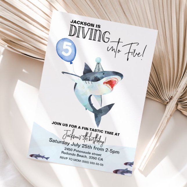 Invitation à l'anniversaire du requin - Plongez da (Shark Birthday Invitation - DIVE INTO FIVE)
