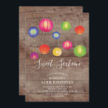 Invitation à l'anniversaire du Sweet sixteen à lan<br><div class="desc">Invitation amusante à la fête d'sweet sixteen avec des lampions colorés posés sur un arrière - plan rustique en bois.  Retourner notre invitation pour voir un dos bleu coordonné pour une touche spéciale.</div>