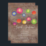 Invitation à l'anniversaire du Sweet sixteen à lan<br><div class="desc">Invitation amusante à la fête d'sweet sixteen avec des lampions colorés posés sur un arrière - plan rustique en bois.  Retourner notre invitation pour voir un dos bleu coordonné pour une touche spéciale.</div>