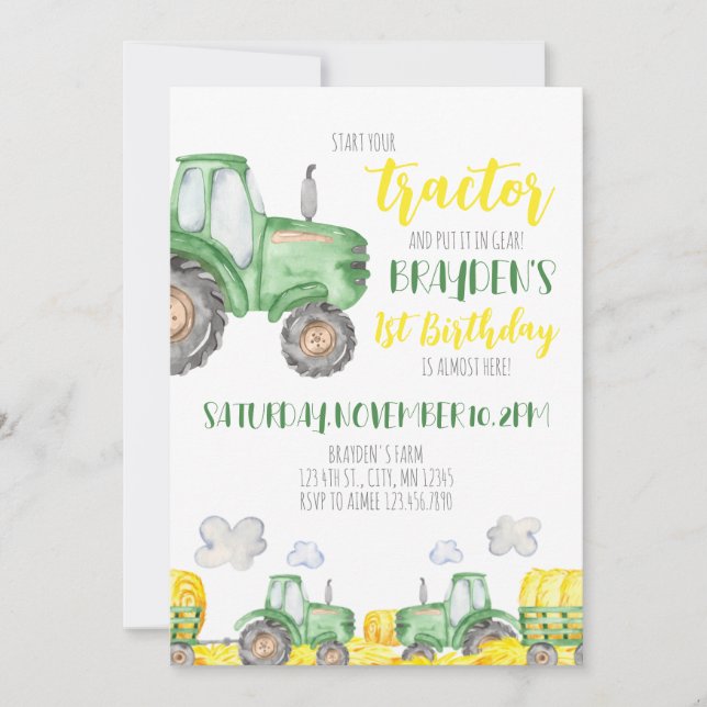 Invitation à l'anniversaire du tracteur vert (Devant)
