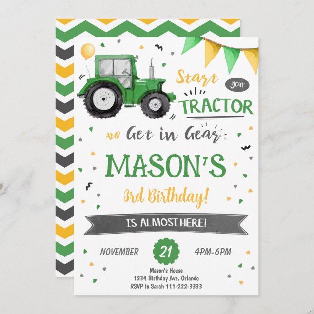 Invitation à l'anniversaire du tracteur vert (Devant / Derrière)