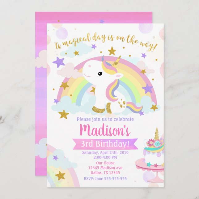 Invitation à l'anniversaire magique de Unicorn (Devant / Derrière)
