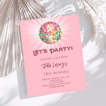 Invitation à l'anniversaire rose disco party<br><div class="desc">Une invitation à une fête féminine et féminine 18ème (ou tout âge). Une couleur arrière - plan rose vif. Décoré d'une boule de disco colorée. Texte : Faisons la fête ! Personnalisez et ajoutez un nom et des détails du parti. Le nom est écrit avec un script de style écrit...</div>